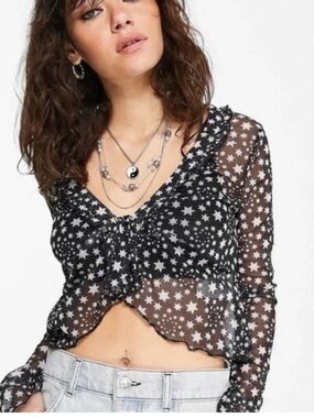 Free People Black & White Star Sheer Tie-Front Blouse